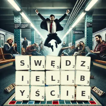 Kreatywna ilustracja do gry w Scrabble ze słowem SWĘDZIELIBYŚCIE ułożonym z płytek na planszy.