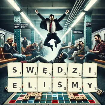Kreatywna ilustracja do gry w Scrabble ze słowem SWĘDZIELIŚMY ułożonym z płytek na planszy.