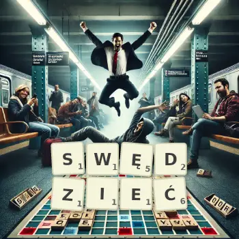 Kreatywna ilustracja do gry w Scrabble ze słowem SWĘDZIEĆ ułożonym z płytek na planszy.