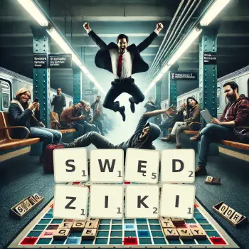 Kreatywna ilustracja do gry w Scrabble ze słowem SWĘDZIKI ułożonym z płytek na planszy.