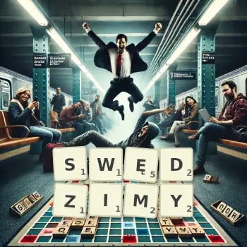 Kreatywna ilustracja do gry w Scrabble ze słowem SWĘDZIMY ułożonym z płytek na planszy.