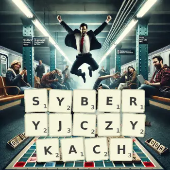 Kreatywna ilustracja do gry w Scrabble ze słowem SYBERYJCZYKACH ułożonym z płytek na planszy.