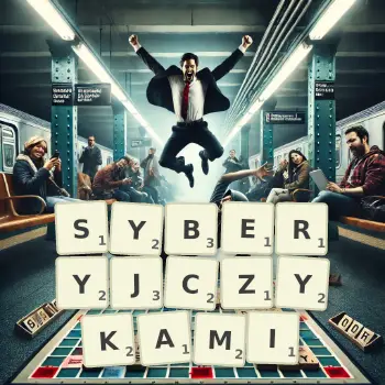 Kreatywna ilustracja do gry w Scrabble ze słowem SYBERYJCZYKAMI ułożonym z płytek na planszy.