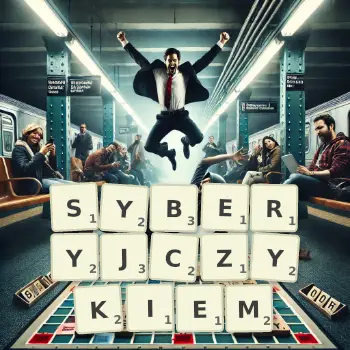 Kreatywna ilustracja do gry w Scrabble ze słowem SYBERYJCZYKIEM ułożonym z płytek na planszy.