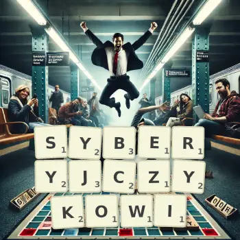 Kreatywna ilustracja do gry w Scrabble ze słowem SYBERYJCZYKOWI ułożonym z płytek na planszy.