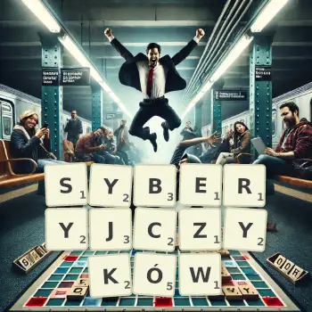 Kreatywna ilustracja do gry w Scrabble ze słowem SYBERYJCZYKÓW ułożonym z płytek na planszy.