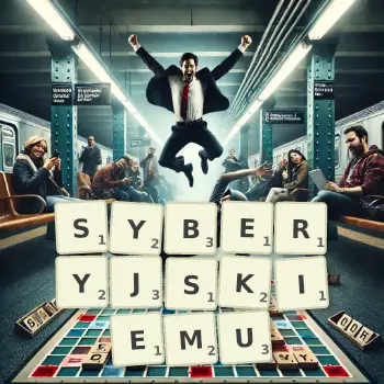 Kreatywna ilustracja do gry w Scrabble ze słowem SYBERYJSKIEMU ułożonym z płytek na planszy.