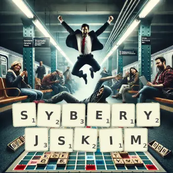 Kreatywna ilustracja do gry w Scrabble ze słowem SYBERYJSKIM ułożonym z płytek na planszy.