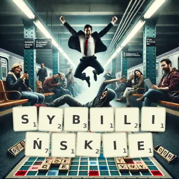 Kreatywna ilustracja do gry w Scrabble ze słowem SYBILIŃSKIE ułożonym z płytek na planszy.