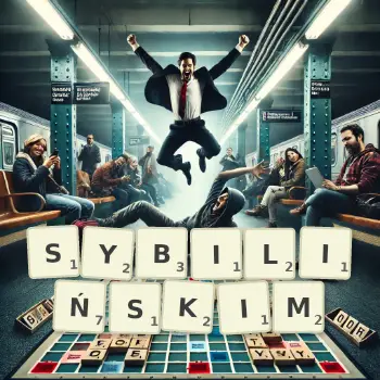 Kreatywna ilustracja do gry w Scrabble ze słowem SYBILIŃSKIM ułożonym z płytek na planszy.