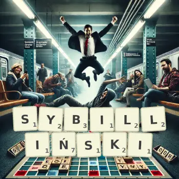 Kreatywna ilustracja do gry w Scrabble ze słowem SYBILLIŃSKI ułożonym z płytek na planszy.
