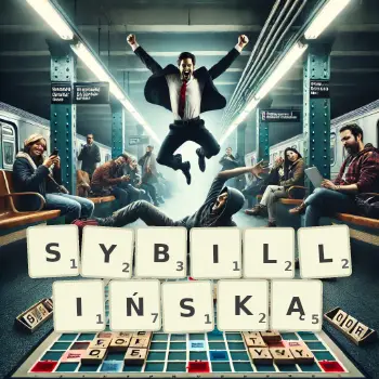 Kreatywna ilustracja do gry w Scrabble ze słowem SYBILLIŃSKĄ ułożonym z płytek na planszy.