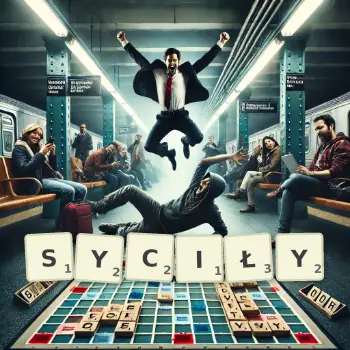 Kreatywna ilustracja do gry w Scrabble ze słowem SYCIŁY ułożonym z płytek na planszy.