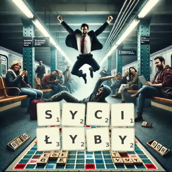 Kreatywna ilustracja do gry w Scrabble ze słowem SYCIŁYBY ułożonym z płytek na planszy.