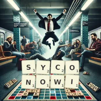 Kreatywna ilustracja do gry w Scrabble ze słowem SYCONOWI ułożonym z płytek na planszy.