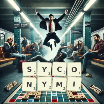 Kreatywna ilustracja do gry w Scrabble ze słowem SYCONYMI ułożonym z płytek na planszy.