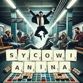 Kreatywna ilustracja do gry w Scrabble ze słowem SYCOWIANINA ułożonym z płytek na planszy.