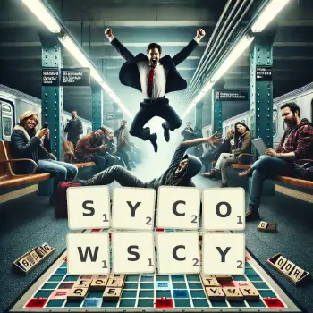 Kreatywna ilustracja do gry w Scrabble ze słowem SYCOWSCY ułożonym z płytek na planszy.