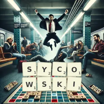 Kreatywna ilustracja do gry w Scrabble ze słowem SYCOWSKI ułożonym z płytek na planszy.