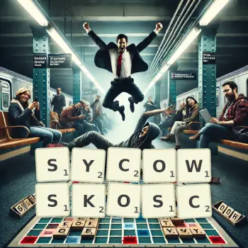 Kreatywna ilustracja do gry w Scrabble ze słowem SYCOWSKOSC ułożonym z płytek na planszy.
