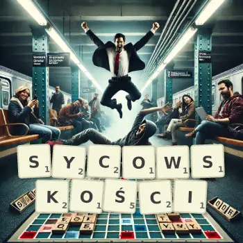 Kreatywna ilustracja do gry w Scrabble ze słowem SYCOWSKOŚCI ułożonym z płytek na planszy.