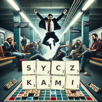 Kreatywna ilustracja do gry w Scrabble ze słowem SYCZKAMI ułożonym z płytek na planszy.