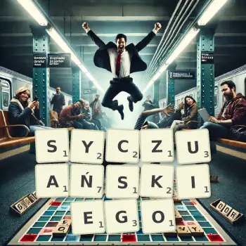 Kreatywna ilustracja do gry w Scrabble ze słowem SYCZUAŃSKIEGO ułożonym z płytek na planszy.