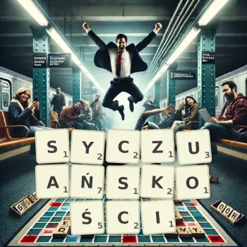 Kreatywna ilustracja do gry w Scrabble ze słowem SYCZUAŃSKOŚCI ułożonym z płytek na planszy.