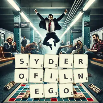 Kreatywna ilustracja do gry w Scrabble ze słowem SYDEROFILNEGO ułożonym z płytek na planszy.