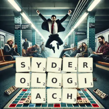 Kreatywna ilustracja do gry w Scrabble ze słowem SYDEROLOGIACH ułożonym z płytek na planszy.