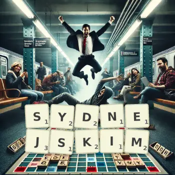 Kreatywna ilustracja do gry w Scrabble ze słowem SYDNEJSKIM ułożonym z płytek na planszy.