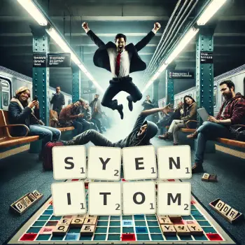 Kreatywna ilustracja do gry w Scrabble ze słowem SYENITOM ułożonym z płytek na planszy.