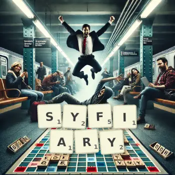 Kreatywna ilustracja do gry w Scrabble ze słowem SYFIARY ułożonym z płytek na planszy.