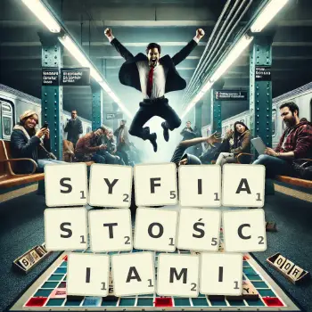 Kreatywna ilustracja do gry w Scrabble ze słowem SYFIASTOŚCIAMI ułożonym z płytek na planszy.