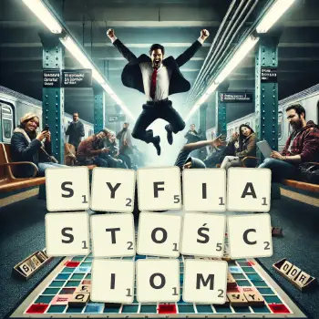 Kreatywna ilustracja do gry w Scrabble ze słowem SYFIASTOŚCIOM ułożonym z płytek na planszy.
