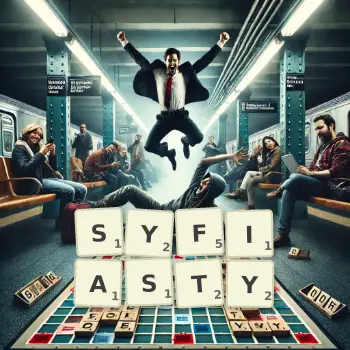 Kreatywna ilustracja do gry w Scrabble ze słowem SYFIASTY ułożonym z płytek na planszy.