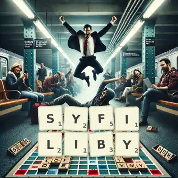 Kreatywna ilustracja do gry w Scrabble ze słowem SYFILIBY ułożonym z płytek na planszy.