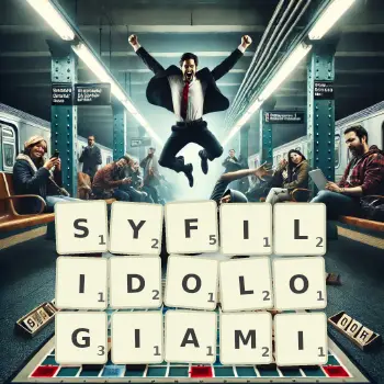 Kreatywna ilustracja do gry w Scrabble ze słowem SYFILIDOLOGIAMI ułożonym z płytek na planszy.