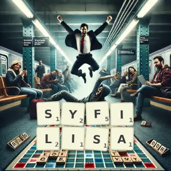 Kreatywna ilustracja do gry w Scrabble ze słowem SYFILISA ułożonym z płytek na planszy.