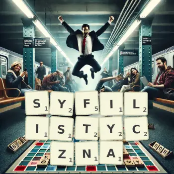 Kreatywna ilustracja do gry w Scrabble ze słowem SYFILISTYCZNA ułożonym z płytek na planszy.