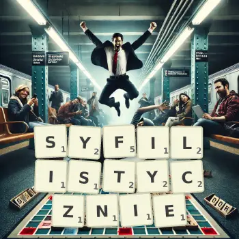 Kreatywna ilustracja do gry w Scrabble ze słowem SYFILISTYCZNIE ułożonym z płytek na planszy.