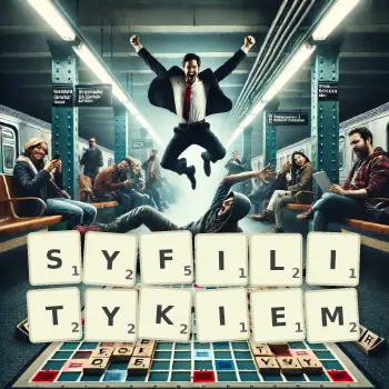 Kreatywna ilustracja do gry w Scrabble ze słowem SYFILITYKIEM ułożonym z płytek na planszy.