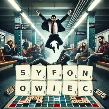 Kreatywna ilustracja do gry w Scrabble ze słowem SYFONOWIEC ułożonym z płytek na planszy.