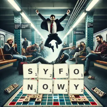 Kreatywna ilustracja do gry w Scrabble ze słowem SYFONOWY ułożonym z płytek na planszy.