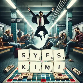 Kreatywna ilustracja do gry w Scrabble ze słowem SYFSKIMI ułożonym z płytek na planszy.