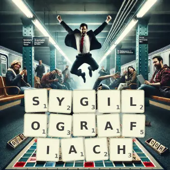 Kreatywna ilustracja do gry w Scrabble ze słowem SYGILOGRAFIACH ułożonym z płytek na planszy.