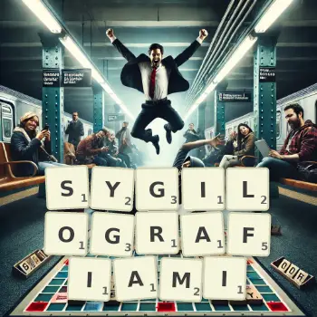 Kreatywna ilustracja do gry w Scrabble ze słowem SYGILOGRAFIAMI ułożonym z płytek na planszy.
