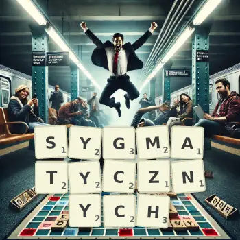 Kreatywna ilustracja do gry w Scrabble ze słowem SYGMATYCZNYCH ułożonym z płytek na planszy.