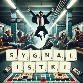 Kreatywna ilustracja do gry w Scrabble ze słowem SYGNALISTKI ułożonym z płytek na planszy.
