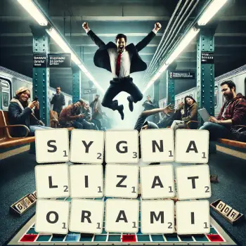 Kreatywna ilustracja do gry w Scrabble ze słowem SYGNALIZATORAMI ułożonym z płytek na planszy.